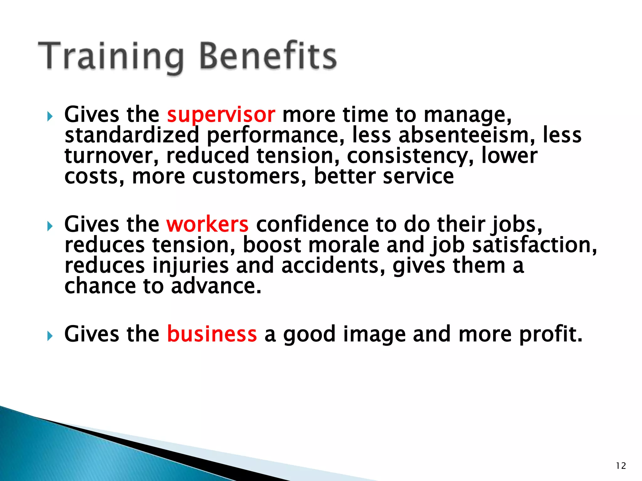    Gives the supervisor more time to manage,
    standardized performance, less absenteeism, less
    turnover, reduced tension, consistency, lower
    costs, more customers, better service

   Gives the workers confidence to do their jobs,
    reduces tension, boost morale and job satisfaction,
    reduces injuries and accidents, gives them a
    chance to advance.

   Gives the business a good image and more profit.




                                                          12
 