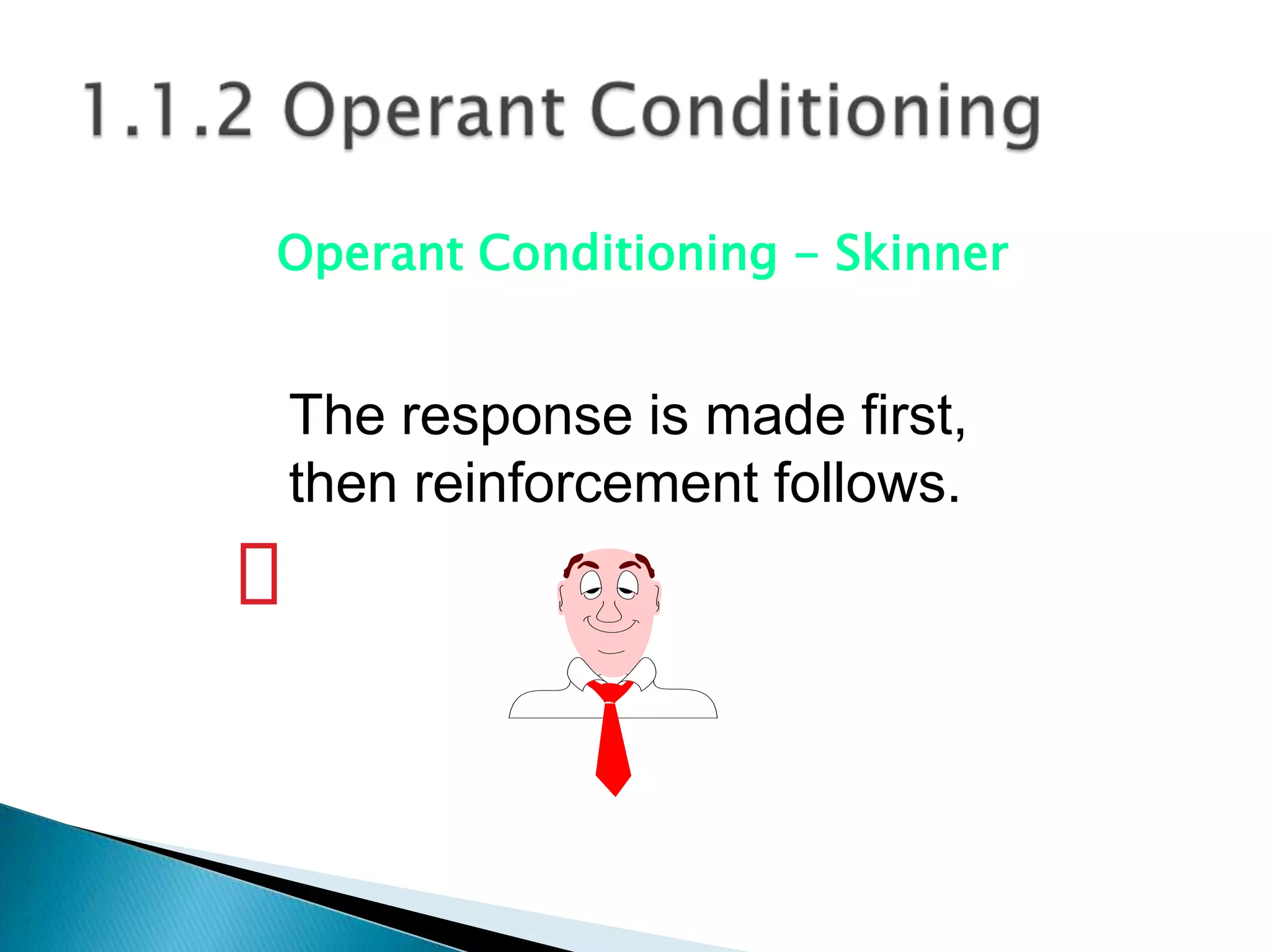 Operant Conditioning - Skinner


The response is made first,
then reinforcement follows.
 