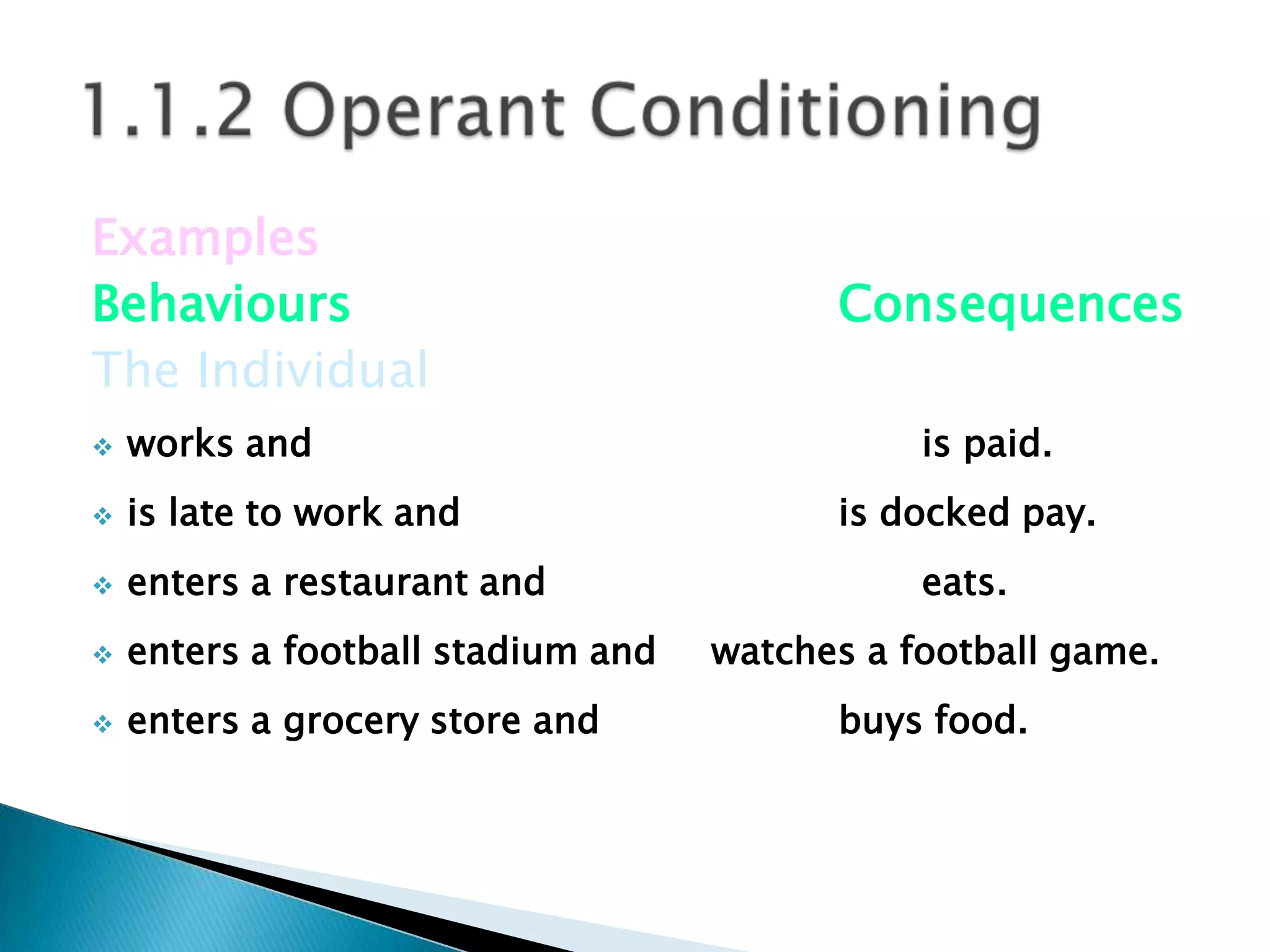Examples
Behaviours                                Consequences
The Individual
   works and                                  is paid.
   is late to work and                   is docked pay.
   enters a restaurant and                    eats.
   enters a football stadium and   watches a football game.
   enters a grocery store and            buys food.
 