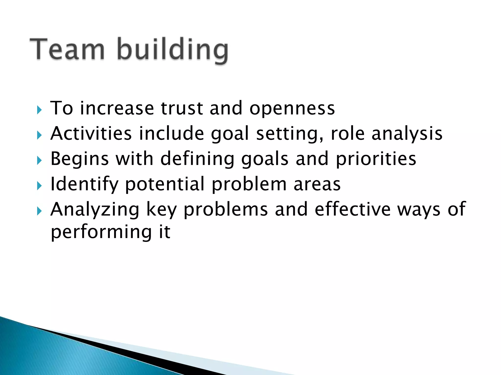    To increase trust and openness
   Activities include goal setting, role analysis
   Begins with defining goals and priorities
   Identify potential problem areas
   Analyzing key problems and effective ways of
    performing it
 