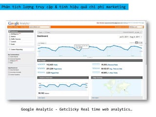 Phân tích lượng truy cập & tính hiệu quả chi phí marketing

Google Analytic - Getclicky Real time web analytics…

 