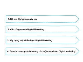 Mục lục
1. Bộ mặt Marketing ngày nay

2. Các công cụ của Digital Marketing

3. Xây dựng một chiến lược Digital Marketing

4. Tiêu chí đánh giá thành công của một chiến lược Digital Marketing

 