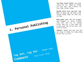 Tạo blog truyền thông: Tạo blog
riêng của ctr, đăng các thông
tin phù hợp, add friends và
thực hiện truyền thông
Khuyến khích user tag ảnh, tag
bài: Sử dụng tag làm công cụ để
truyền thông rộng rãi theo cấp
số nhân.
Dùng power user: Mời hot blogger
hay blogger có nhiều friends
viết bài, đưa tin về chương
trình: Đưa tin 1 cách khéo léo
và gây quan tâm cho dư luận một
cách tự nhiên.
Comment: đường link web site lên
các blog có thông tin tương đồng
để thu hút sự chú ý

 