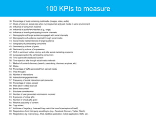 100 KPIs to measure
36.
37.
38.
39.
40.
41.
42.
43.
44.
45.
46.
47.
48.
49.
50.
51.
52.
53.
54.
55.
56.
57.
58.
59.
60.
61.
62.
63.
64.
65.
66.
67.
68.
69.

Percentage of buzz containing multimedia (images, video, audio)
Share of voice on social sites when running earned and paid media in same environment
Influence of consumers reached
Influence of publishers reached (e.g., blogs)
Influence of brands participating in social channels
Demographics of target audience engaged with social channels
Demographics of audience reached through social media
Social media habits/interests of target audience
Geography of participating consumers
Sentiment by volume of posts
Sentiment by volume of impressions
Shift in sentiment before, during, and after social marketing programs
Languages spoken by participating consumers
Time spent with distributed content
Time spent on site through social media referrals
Method of content discovery (search, pass-along, discovery engines, etc)
Clicks
Percentage of traffic generated from earned media
View-throughs
Number of interactions
Interaction/engagement rate
Frequency of social interactions per consumer
Percentage of videos viewed
Polls taken / votes received
Brand association
Purchase consideration
Number of user-generated submissions received
Exposures of virtual gifts
Number of virtual gifts given
Relative popularity of content
Tags added
Attributes of tags (e.g., how well they match the brand's perception of itself)
Registrations from third-party social logins (e.g., Facebook Connect, Twitter OAuth)
Registrations by channel (e.g., Web, desktop application, mobile application, SMS, etc)

 
