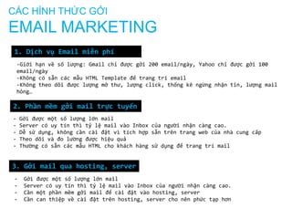 CÁC HÌNH THỨC GỞI
EMAIL MARKETING
1. Dịch vụ Email miễn phí
3. Gởi mail qua hosting, server
2. Phần mềm gởi mail trực tuyến
-Giới hạn về số lượng: Gmail chỉ được gởi 200 email/ngày, Yahoo chỉ được gởi 100
email/ngày
-Không có sẵn các mẫu HTML Template để trang trí email
-Không theo dõi được lượng mở thư, lượng click, thống kê ngừng nhận tin, lượng mail
hỏng…
- Gởi được một số lượng lớn mail
- Server có uy tín thì tỷ lệ mail vào Inbox của người nhận càng cao.
- Cần một phần mềm gởi mail để cài đặt vào hosting, server
- Cần can thiệp về cài đặt trên hosting, server cho nên phức tạp hơn
- Gởi được một số lượng lớn mail
- Server có uy tín thì tỷ lệ mail vào Inbox của người nhận càng cao.
- Dễ sử dụng, không cần cài đặt vì tích hợp sẵn trên trang web của nhà cung cấp
- Theo dõi và đo lường được hiệu quả
- Thường có sẵn các mẫu HTML cho khách hàng sử dụng để trang trí mail
 