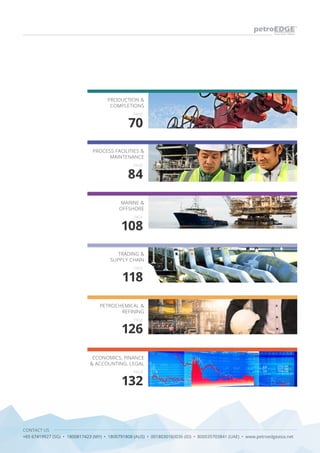 70
108
84
118
126
132
PAGE
PAGE
PAGE
PAGE
PAGE
PAGE
PRODUCTION &
COMPLETIONS
MARINE &
OFFSHORE
PROCESS FACILITIES &
MAINTENANCE
TRADING &
SUPPLY CHAIN
PETROCHEMICAL &
REFINING
ECONOMICS, FINANCE
& ACCOUNTING, LEGAL
CONTACT US
+65 67419927 (SG) • 1800817423 (MY) • 1800791808 (AUS) • 0018030160036 (ID) • 800035703841 (UAE) • www.petroedgeasia.net
 