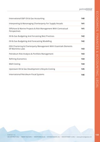 CONTACT US
+65 67419927 (SG) • 1800817423 (MY) • 1800791808 (AUS) • 0018030160036 (ID) • 800035703841 (UAE) • www.petroedgeasia.net
ECONOMICS,FINANCES&ACCOUNTING,LEGAL
133
International E&P Oil & Gas Accounting
Interpreting & Mananaging Charterparty For Supply Vessels
Offshore & Marine Projects & Risk Management With Contractual
Perspectives
Oil & Gas Budgeting And Forcasting Best Practices
Oil & Gas Budgeting And Forecasting Modelling
OSV Chartering & Charterparty Management With Essentials Elements
Of Maritime Laws
Petroleum Risk Analysis & Portfolio Management
Refining Economics
Well Costing
Upstream Oil & Gas Development Lifecycle Costing
International Petroleum Fiscal Systems
140
141
141
142
142
143
143
144
144
145
146
 