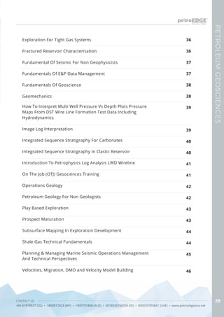 CONTACT US
+65 67419927 (SG) • 1800817423 (MY) • 1800791808 (AUS) • 0018030160036 (ID) • 800035703841 (UAE) • www.petroedgeasia.net
PETROLEUMGEOSCIENCES
29
Exploration For Tight Gas Systems
Fractured Reservoir Characterisation
Fundamental Of Seismic For Non Geophysicists
Fundamentals Of E&P Data Management
Fundamentals Of Geoscience
Geomechanics
How To Interpret Multi Well Pressure Vs Depth Plots Pressure
Maps From DST Wire Line Formation Test Data Including
Hydrodynamics
Image Log Interpretation
Integrated Sequence Stratigraphy For Carbonates
Integrated Sequence Stratigraphy In Clastic Reservoir
Introduction To Petrophysics Log Analysis LWD Wireline
On The Job (OTJ) Gesociences Training
Operations Geology
Petroleum Geology For Non Geologists
Play Based Exploration
Prospect Maturation
Subsurface Mapping In Exploration Development
Shale Gas Technical Fundamentals
Planning & Managing Marine Seismic Operations Management
And Technical Perspectives
Velocities, Migration, DMO and Velocity Model Building
36
36
37
37
38
38
39
39
40
40
41
41
42
42
43
43
44
44
45
46
 