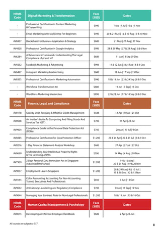 HRMS
Code
Finance, Legal, and Compliance
Fees
(SGD)
Dates
AV0178 Speedy Debt Recovery & Effective Credit Management $588 14 Apr | 10 Jul | 21 Oct
AV0506
An Insider’s Guide To Computing And Filing Goods And
Services Tax (GST)
$700 14 Apr | 24 Jul
AV9904
Compliance Guide to the Personal Data Protection Act
(PDPA)
$700 20 Apr | 17 Jul | 9 Oct
AV0285 Professional Certification for Data Protection Officer $1,200 23 & 24 Apr | 20 & 21 Jul | 8 & 9 Oct
AV0216 1 Day Financial Statement Analysis Workshop $680 27 Apr | 27 Jul | 27 Oct
AV0699
Understanding Your Intellectual Property Rights
& The Licensing of IPRs
$700 14 May | 4 Aug | 10 Nov
AV7939
2 Days Personal Data Protection Act in Singapore
(Advanced Workshop)
$1,200
14 & 15 May |
20 & 21 Aug | 19 & 20 Nov
AV9037 Employment Law in Singapore $1,200
28 & 29 May | 9 & 10 Jul |
17 & 18 Sep | 12 & 13 Nov
AV0145
Color Accounting: Accounting For Non-Accounting
Trained Executives And Professionals
$850 3 Jun | 13 Oct
AV9042 Anti-Money Laundering and Regulatory Compliance $700 8 Jun | 11 Sep | 12 Nov
AV9044 Managing Your Contract Risks for Non-Legal Professionals $1,200 18 & 19 Jun | 15 & 16 Oct
HRMS
Code
Digital Marketing & Transformation
Fees
(SGD)
Dates
-
Professional Certification in Content Marketing
& Copywriting
$990 16 & 17 Jul | 16 & 17 Nov
- Email Marketing with MailChimp For Beginners $990 20 & 21 May | 12 & 13 Aug | 9 & 10 Nov
AV8457 Blockchain For Business Application & Strategy $680 21 May | 27 Aug | 27 Nov
AV4820 Professional Certification in Google Analytics $990 28 & 29 May | 27 & 28 Aug | 5 & 6 Nov
AV6284
AI Governance Framework: Understanding The Legal
Compliance of AI and IoT
$680 11 Jun | 3 Sep | 9 Dec
AV9232 Facebook Marketing & Advertising $990 11 & 12 Jun | 3 & 4 Sep | 8 & 9 Dec
AV6427 Instagram Marketing & Advertising $680 18 Jun | 17 Sep | 15 Dec
AV8355 Professional Certification in Marketing Automation $990 18 & 19 Jun | 23 & 24 Sep | 8 & 9 Dec
- Workforce Transformation 4.0 $680 19 Jun | 3 Sep | 16 Dec
- WordPress Marketing Masterclass $990 22 & 23 Jun | 17 & 18 Sep | 8 & 9 Dec
All courses are subject to GST
HRMS
Code
Human Capital Management & Psychology
Fees
(SGD)
Dates
AV0615 Developing an Effective Employee Handbook $680 2 Apr | 24 Jun
8
 