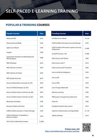SELF-PACED E-LEARNING TRAINING
POPULAR & TRENDING COURSES
Popular Courses Fees
Advanced SEO $610
Advanced Social Media $520
Agile Scrum Master $780
Angular $390
Automation Anywhere Certified Advanced
RPA Developer
$690
AWS Developer $610
AWS Solutions Architect $650
AWS Solutions Architect $650
AWS SysOps Associate $610
Azure Certified Admin Associate (az 103) $870
Azure Certified Developer (az 203) $870
Azure Certified Solution Architect (az 300) $870
Azure Certified Solution Architect (az 301) $650
Blockchain Developer $780
Business Analysis with Excel $350
CAPM certified associate in Project Manager $350
CCBA Certification of Capability in
Business Analysis
$350
CEH (V10) Certified Ethical Hacker $1,800
Trending Courses Fees
Certified Scrum Master $1,318
CISM Certified Information Security Manager $520
CISSP Certified informations Systems Security
Professional
$1,800
CompTIA Security +501 $1,800
Data Science with Python $780
Data Science with R $610
Deep Learning with TensoFlow $690
Intro to Artificial Intelligence $350
Intro to IOT $350
Intro to RPA $350
Lean Six Sigma Black belt $870
Machine Learning $780
PMP project management professional $430
Power BI $780
R programming for data science $610
SalesForce Administrator and App Builder $1,130
Tableau Desktop $610
To learn more, visit
https://aventislearning.com/online-training/
18
 