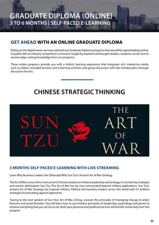 GRADUATE DIPLOMA (ONLINE)
3 TO 6 MONTHS | SELF-PACED E-LEARNING
GET AHEAD WITH AN ONLINE GRADUATE DIPLOMA
Riding on the digital wave, we have selected two Graduate Diploma programs that we will be spearheading online.
Coupled with an industry competitive curriculum taught by experienced thought-leaders, students can be sure to
receive edge-cutting knowledge from our programs.
These online programs provide you with a holistic learning experience that integrates rich, interactive media
such as videos, recorded lectures and e-learning activities and group discussion with like minded peers through
discussion forums.
CHINESE STRATEGIC THINKING
3 MONTHS SELF-PACED E-LEARNING WITH LIVE STREAMING
Learn Why Business Leaders Are Obsessed With Sun Tzu’s Ancient Art of War Strategy
The Art ofWar is one of the most ancient Chinese treaties on military leadership and strategy. It is written by strategist
and warrior philosopher Sun Tzu, The Art of War has by now transcended beyond military applications. Sun Tzu’s
ancient Art of War Strategy has inspired military, Political and business leaders across the world with it’s brilliant
strategies for prevailing against opponents.
Tracing to the root wisdom of Sun Tzu’s Art of War, iChing, uncover the principles of managing change to attain
fortunes and avoid disasters. You will learn how to use timeless principles of leadership, psychology and power to
achieve everything that you set out to do. Both your personal and professional lives will benefit immensely from this
program.
32
 