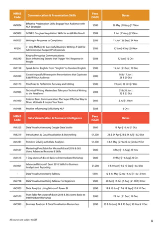 HRMS
Code
Communication & Presentation Skills
Fees
(SGD)
Dates
AV9024
Effective Presentation Skills: Engage Your Audience with
NLP Strategies
$580 26 May | 18 Aug | 17 Nov
AV3003 GENIE© Go-giver Negotiation Skills for an All-Win Result $588 2 Jun | 25 Aug | 25 Nov
AV0027 Writing in Response to Complaints $580 11 Jun | 16 Sep | 24 Nov
AV256
7- Step Method to Successful Business Writing: A Skill for
Administrative Support Professionals
$580 12 Jun | 4 Sep | 20 Nov
AV0240
Keys to Persuasive Communications:
Brain Influencing Secrets that Trigger 'Yes' Response in
People
$588 12 Jun | 12 Oct
AV0158 Speak Better English: From "Singlish" to Standard English $580 15 Jun | 23 Sep | 10 Dec
AV0494
Create Impactful Powerpoint Presentations that Captivate
& WoW Your Audience
$980
16 & 17 Jun |
28 & 29 Oct
AV0173 Proofread to Perfection! Accuracy and Editing $580 19 Jun | 28 Oct | 7 Dec
AV0985
Technical Writing Masterclass: Take your Technical Writing
to the Next level
$988
25 & 26 Jun |
22 & 23 Oct
AV7090
Colored Brain Communication: The Super Effective Way to
Drive, Motivate & Inspire Your Team
$680 2 Jul | 12 Nov
AV0486 Positive Influencing Skills Using NLP $588 6 Oct
HRMS
Code
Data Visualization & Business Intelligence
Fees
(SGD)
Dates
AV6325 Data Visualisation using Google Data Studio $680 16 Apr | 16 Jul | 1 Oct
AV8219 Introduction to Data Visualisation & Storytelling $1,200 23 & 24 Apr | 23 & 24 Jul | 1 & 2 Oct
AV4281 Problem Solving with Data Analytics $1,200 4 & 5 May | 27 & 28 Jul | 26 & 27 Oct
AV0527
Mastering Pivot Table for Microsoft Excel 2016 & 365
Users: Advanced Features & Skills
$680 6 May | 11 Aug | 23 Nov
AV0515 1 Day Microsoft Excel: Basic to Intermediate Workshop $680 19 May | 19 Aug | 29 Oct
AV3001
Advanced Microsoft Excel 2016 Skills For Business
Analysis and Reporting
$1,280 9 & 10 Jun | 9 & 10 Sep | 1 & 2 Dec
- Data Visualisation Using Tableau $990 12 & 13 May | 23 & 14 Jul | 11 & 12 Nov
AV2738 Data Visualisation Using Tableau For Beginners $680 28 Apr | 17 Jun | 5 Aug | 21 Oct | 8 Dec
AV3920 Data Analytics Using Microsoft Power BI $990 18 & 19 Jun | 17 & 18 Sep | 10 & 11 Dec
AV0520
Pivot Table for Microsoft Excel 2016 & 365 Users: Basic to
Intermediate Workshop
$600 23 Jun | 21 Sep | 16 Dec
AV7990 Business Analytics & Data Visualisation Masterclass $990 25 & 26 Jun | 24 & 25 Sep | 30 Nov & 1 Dec
All courses are subject to GST
6
 