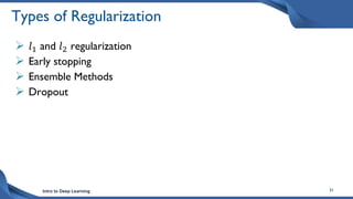Intro to Deep Learning 31
Types of Regularization
 𝑙1 and 𝑙2 regularization
 Early stopping
 Ensemble Methods
 Dropout
 