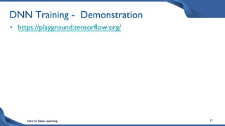 Intro to Deep Learning 37
DNN Training - Demonstration
• https://playground.tensorflow.org/
 