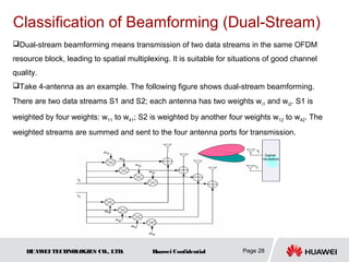 Classification of Beamforming (Dual-Stream)
Dual-stream beamforming means transmission of two data streams in the same OFDM
resource block, leading to spatial multiplexing. It is suitable for situations of good channel
quality.
Take 4-antenna as an example. The following figure shows dual-stream beamforming.
There are two data streams S1 and S2; each antenna has two weights wi1 and wi2. S1 is

weighted by four weights: w11 to w41; S2 is weighted by another four weights w12 to w42. The
weighted streams are summed and sent to the four antenna ports for transmission.




    HUAW TECHNOLOGIES CO., LTD.
        EI                                 Huawei Confidential         Page 28
 