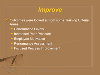 Improve
Outcomes were looked at from some Training Criteria
Areas
 Performance Levels
 Increased Peer Pressure
 Employee Motivation
 Performance Assessment
 Focused Process Improvement
05/06/2009 Daniel Bloom and Associates, Inc. 20
 