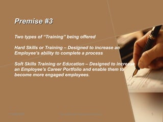 Premise #3Premise #3
Two types of “Training” being offered
Hard Skills or Training – Designed to increase an
Employee’s ability to complete a process
Soft Skills Training or Education – Designed to increase
an Employee’s Career Portfolio and enable them to
become more engaged employees.
Daniel Bloom and Associates, Inc.05/06/2009 5
 