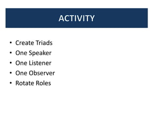 • Create Triads
• One Speaker
• One Listener
• One Observer
• Rotate Roles
 