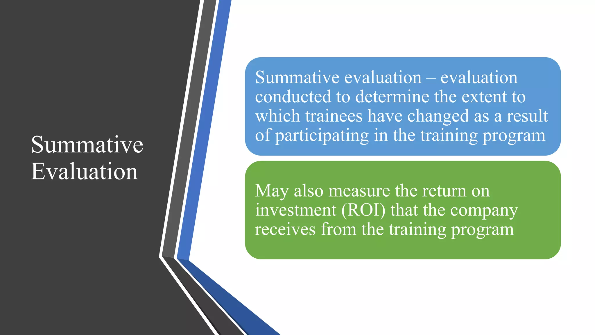 Summative
Evaluation
Summative evaluation – evaluation
conducted to determine the extent to
which trainees have changed as a result
of participating in the training program
May also measure the return on
investment (ROI) that the company
receives from the training program
 