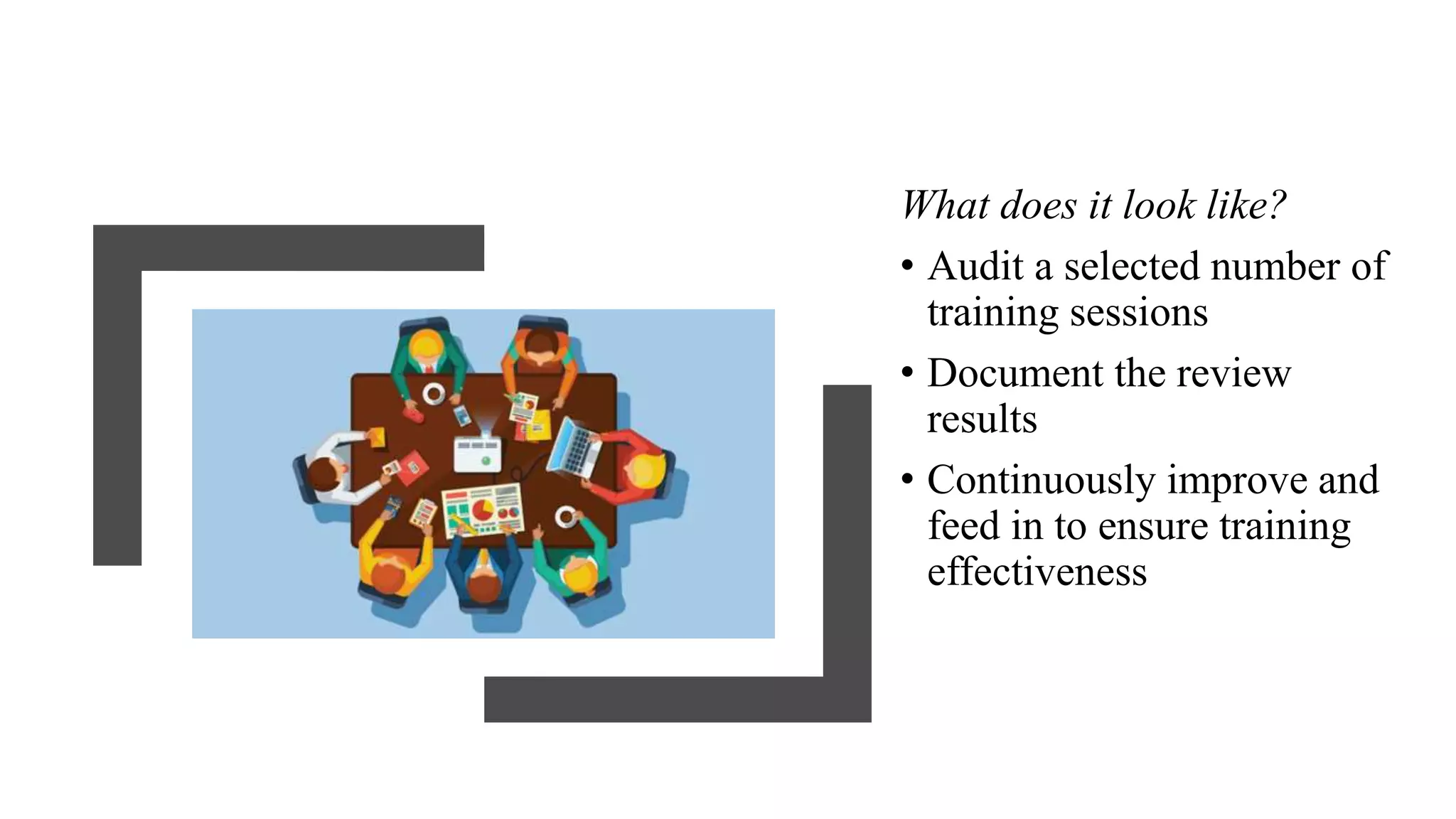 What does it look like?
• Audit a selected number of
training sessions
• Document the review
results
• Continuously improve and
feed in to ensure training
effectiveness
 