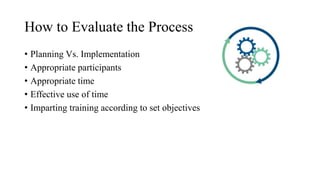 How to Evaluate the Process
• Planning Vs. Implementation
• Appropriate participants
• Appropriate time
• Effective use of time
• Imparting training according to set objectives
 