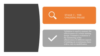STAGE 2 – THE
ONGOING PHASE
Validation is used to measure the
effectiveness of a whole training
design. Formative evaluation is
the monitoring of the
effectiveness of different aspects
of training on a continuous basis
with a view to modification
 