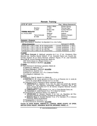 Remate Training
LOTE Nº 029                                                      Prep. : Alfonso Zamorano B.
                                            Sadler´s Wells           Norther Dancer
                     Bouthan                C.1981                   Flaming Page*
                     C.2000                 Baiser Vole              Foolish Pleasure
TIERRA MULATA                               C.1983                   River Rose
H.c.18.Oct.2008                             Melihual                 Galland
                     Tierra Colorada        A.1987                   Madame Sevigne
                     M.1999                 Tierra Arenosa           Domineau
                                            M.1991                   Tarapacá
Campaña – Producto
2008 Tierra Mulata (h. Bouthan): ha disputado 4 cs. a los 3 años
  Ultimas Actuaciones                                                Corre por $ 1.100.000.
  02.Dic.2011   CN      1.100 8ª de Santacruceña             Condic. Perdedoras       420
  02.Dic.2011   CN      1.100 10ª de High Definition         Condic. Perdedoras       421
  17.Oct.2011   CN      1.100 10ª de Isla Feliz              Condic. Perdedoras       427
  30.Sep.2011   CN      1.000 12ª de Jeune Amour             Condic. Perdedoras       432
1ª madre
1999 Tierrra Colorada (h. Melihual): ganadora de 5 cs.; 2º cls., Constancio Silva
Mandiola (L), Geoffrey Bushell Watson; 3ª cls. Sociedad Hípica Luis Cousiño (L),
Consejo Superior de La Hípica Nacional, Criterium Yeguas; 4º cls. José Saavedra
Baeza (Gr.3), Coronel Santiago Bueras (L). Madre de
    2007 Terrón Alazan (m. Winged Victory): 4 cs.
    2008 Tierra Mulata (h. Bouthan): ver arriba
2ª madre
91 Tierra Arenosa (h. Domineau): ganadora. Madre de:
    97 Meliterra (h. Melihual): 7 cs.
    99 Tierra Colorada (h. Melihual): ver arriba
    00 Sayareto (m. Sayaret): 9 cs.
    03 Burkan (m. Schuman): 3 cs.; 4º cl. Criterium Potrillos
    05 La Negrita (h. Melihual): 2 cs.
3ª madre
74 Tarapacá (h. Rigel II): disputó 2 cs. Madre de:
    80 NORTINO (m. Mr. Long): ganador en Chile y 6 cs. en Panamá, incl. cl. Junta de
        Control de Juegos (Gr.3). Ganador de 3 cs. en USA
    83 Tottenham Court (h. Damascus Silver): ganadora. Madre de:
      91 ANDACOLLO (n. Litigator): 13 cs., incl. cls. José Luis Larraín (L), Agustín
          Edwards R., Club Deportivo Universidad Católica, Francisco Vial F. dos
          veces, Circulo de Dueños de F.S. de Carrera, Congreso Nacional, Gustavo
          Rivera B., Oakland, etc.
      97 TAMAGOSHI (m. Jaded Dancer): 5 cs., incl. cl. Copa Revista Caras, etc.
      99 Tamarindo (m. Jaded Dancer): 6 cs.; 3º cl. Diario La Tercera
    85 Temperanza (h. Damascos Silver): 4 cs. Madre de:
      91 NICHOLSON (m. Nureyev Dancer): 6 cs., incl. cls. República del Peú,
          República Oriental del Uruguay, Sociedad de Fomento Fabril, etc.
      92 Bailarina Rusa (h. Nureyev Dancer): 5 cs.; 3ª cl. Sernatur; 4ª cl. Criterium
          Potrancas. Madre de ganadores.
    90 Tarapaqueña (h. Domineau): 2 cs.
    91 Tierra Arenosa (h. Domineau): ver arriba.
Familia de HADA BUENA, RIBERALTA, LORISSA, MEMO GUAPO, US OPEN,
BRITISH OPEN, RIQUET, WINGMAN, MUSITAR, BROWNIE, PIRINO, etc…
                                27 - www.raulcabezasremates.cl
 