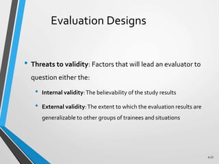 6-23
Evaluation Designs
• Threats to validity: Factors that will lead an evaluator to
question either the:
• Internal validity:The believability of the study results
• External validity:The extent to which the evaluation results are
generalizable to other groups of trainees and situations
 