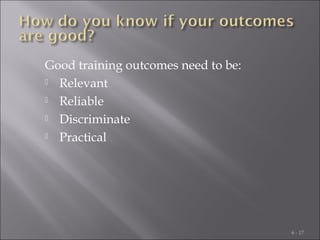 Good training outcomes need to be:
 Relevant
 Reliable
 Discriminate
 Practical

6 - 17

 