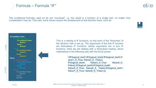 Formula – Formula “IF”
4/10/2024
@Elée. We remind you that this document is protected by intellectual property rights. Reproduction is
prohibited. All rights reserved.
37
The conditional formulas used so far are "one-level", i.e. the result is a function of a single test, no matter how
complicated it may be. That said, some issues require the development of real decision trees, such as:
Si condition1 alors
Si condition2 alors
Si condition3 alors
Action1
Sinon
Action2
Sinon
Si condition4 alors
Action3
Sinon
Action4
Sinon
Si condition5 alors
Si condition6 alors
Action5
Sinon
Action6
Sinon
Si condition7 alors
Action7
Sinon
Action8
This is a nesting of IF functions, so that each of the "branches" of
the decision tree is set up. The arguments of the first IF function
are themselves IF functions, whose arguments are in turn IF
functions. Here we are dealing with a three-level nesting, which
materializes in the following way with the Excel syntax:
=IF(logical_test1;IF(logical_test2;IF(logical_test3;V
alue1_if_True; Value2_if_ False);
IF(logical_test4; Value3_if_True; Value4_if_
False));IF(logical_test5;IF(logical_test6;
Value5_if_True; Value6_if_ False);IF(logical_test7;
Value7_if_True; Value8_if_ False )))
IF
TRUE
IF
FALSE
 