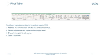 Pivot Table
4/10/2024
@Elée. We remind you that this document is protected by intellectual property rights. Reproduction is
prohibited. All rights reserved.
48
The different manipulations related to the analysis aspect of TCD:
 Add data. You can also delete data that you don't want to analyze.
 Refresh to update the data in your workbook's pivot tables.
 Change the range of its data source.
 Delete a pivot table
 