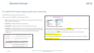 Dynamic formula
4/10/2024
@Elée. We remind you that this document is protected by intellectual property rights. Reproduction is
prohibited. All rights reserved.
58
The SUBSTITUTE function replaces specific text in a text string.
 