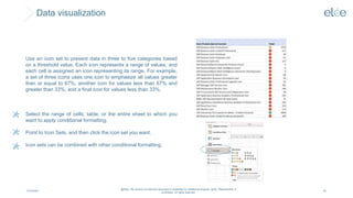 Data visualization
4/10/2024
@Elée. We remind you that this document is protected by intellectual property rights. Reproduction is
prohibited. All rights reserved.
64
Use an icon set to present data in three to five categories based
on a threshold value. Each icon represents a range of values, and
each cell is assigned an icon representing its range. For example,
a set of three icons uses one icon to emphasize all values greater
than or equal to 67%, another icon for values less than 67% and
greater than 33%, and a final icon for values less than 33%.
Select the range of cells, table, or the entire sheet to which you
want to apply conditional formatting.
Point to Icon Sets, and then click the icon set you want.
Icon sets can be combined with other conditional formatting.
 