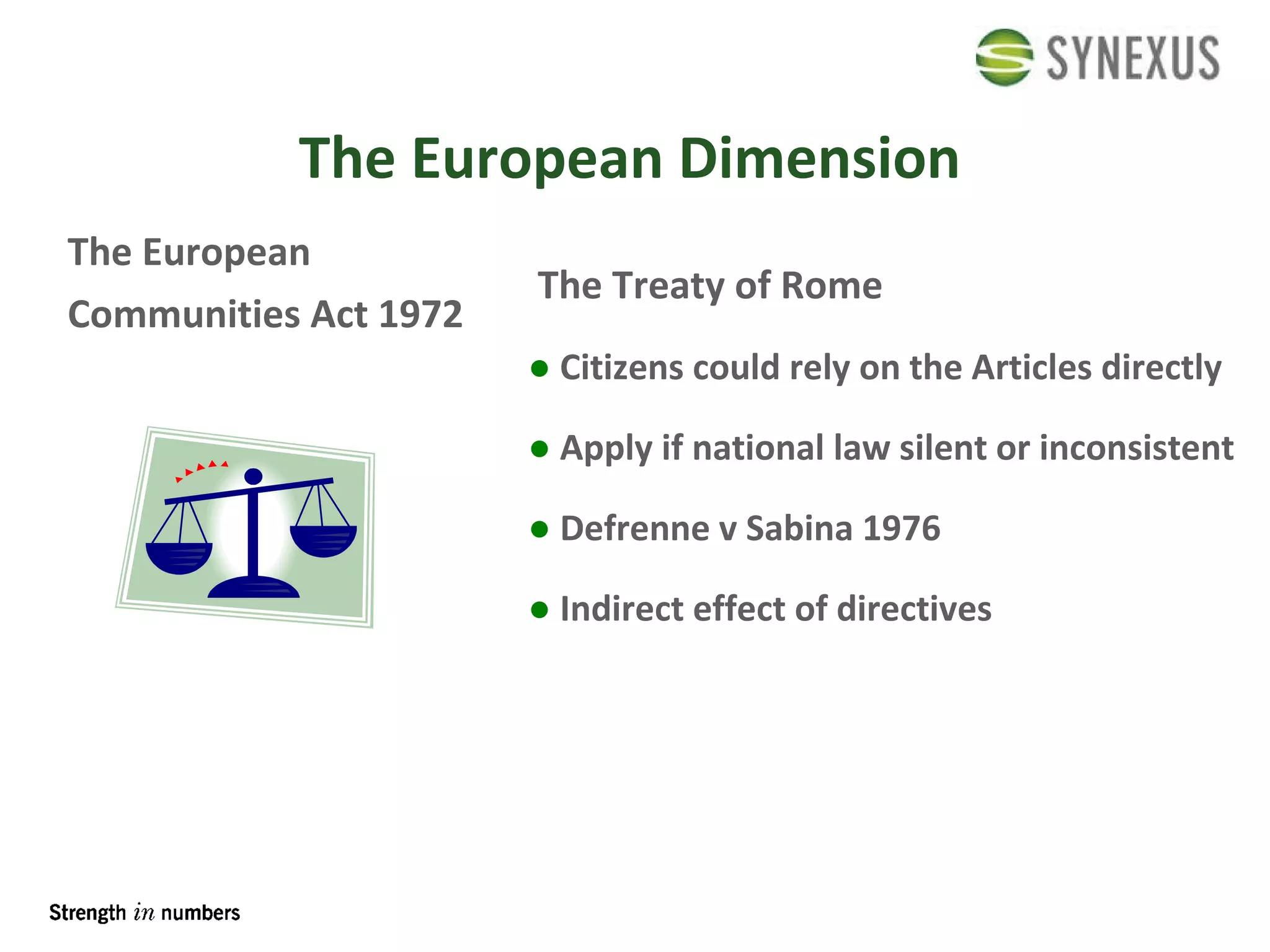 The European Dimension The European  Communities Act 1972 The Treaty of Rome Citizens could rely on the Articles directly Apply if national law silent or inconsistent Defrenne v Sabina 1976 Indirect effect of directives 