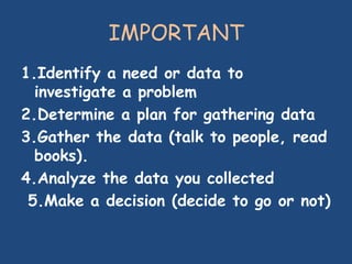 IMPORTANT
1.Identify a need or data to
investigate a problem
2.Determine a plan for gathering data
3.Gather the data (talk...