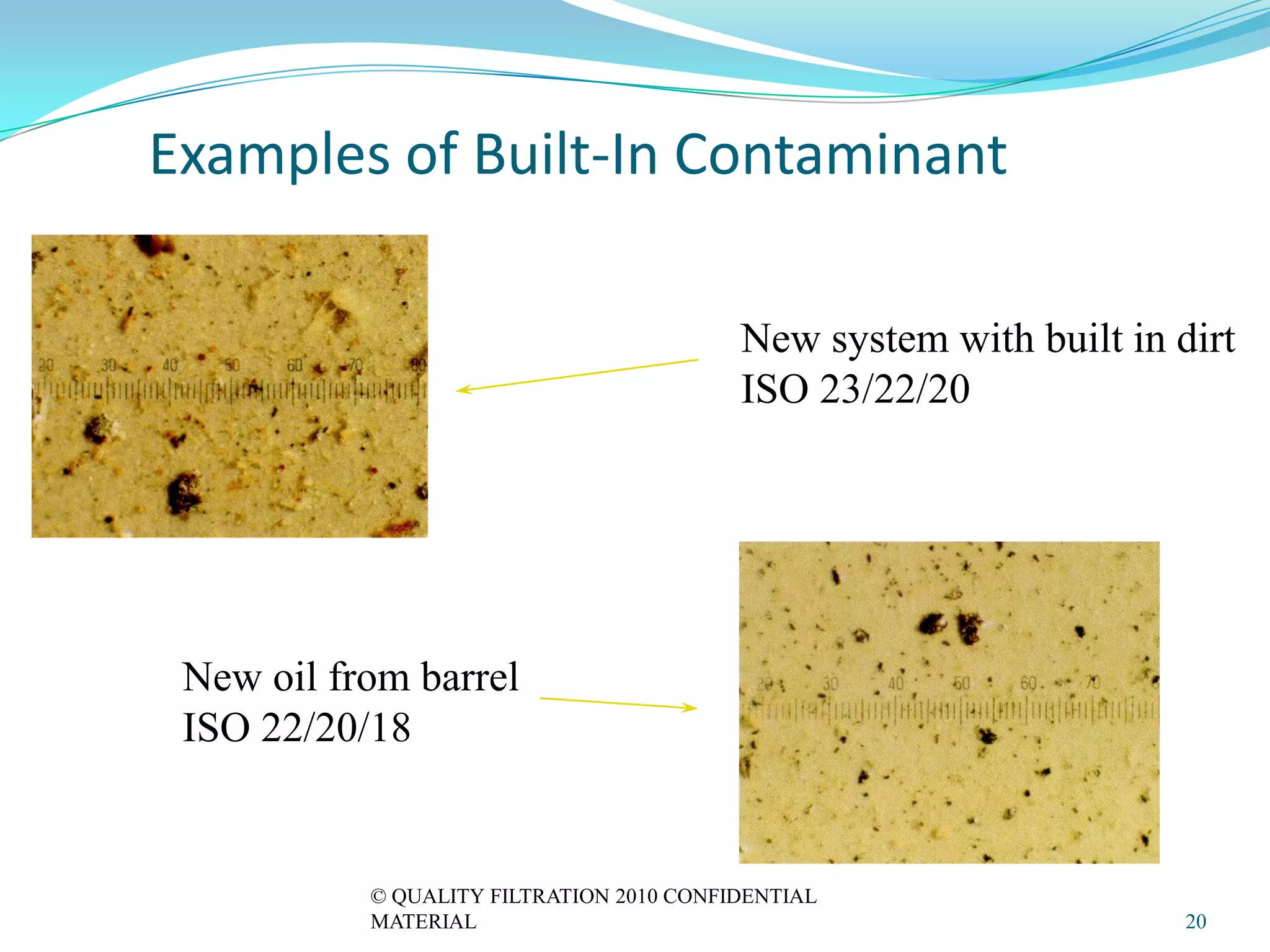 Examples of Built-In Contaminant

                                          New system with built in dirt
                                          ISO 23/22/20




 New oil from barrel
 ISO 22/20/18


           © QUALITY FILTRATION 2010 CONFIDENTIAL
           MATERIAL                                                 20
 