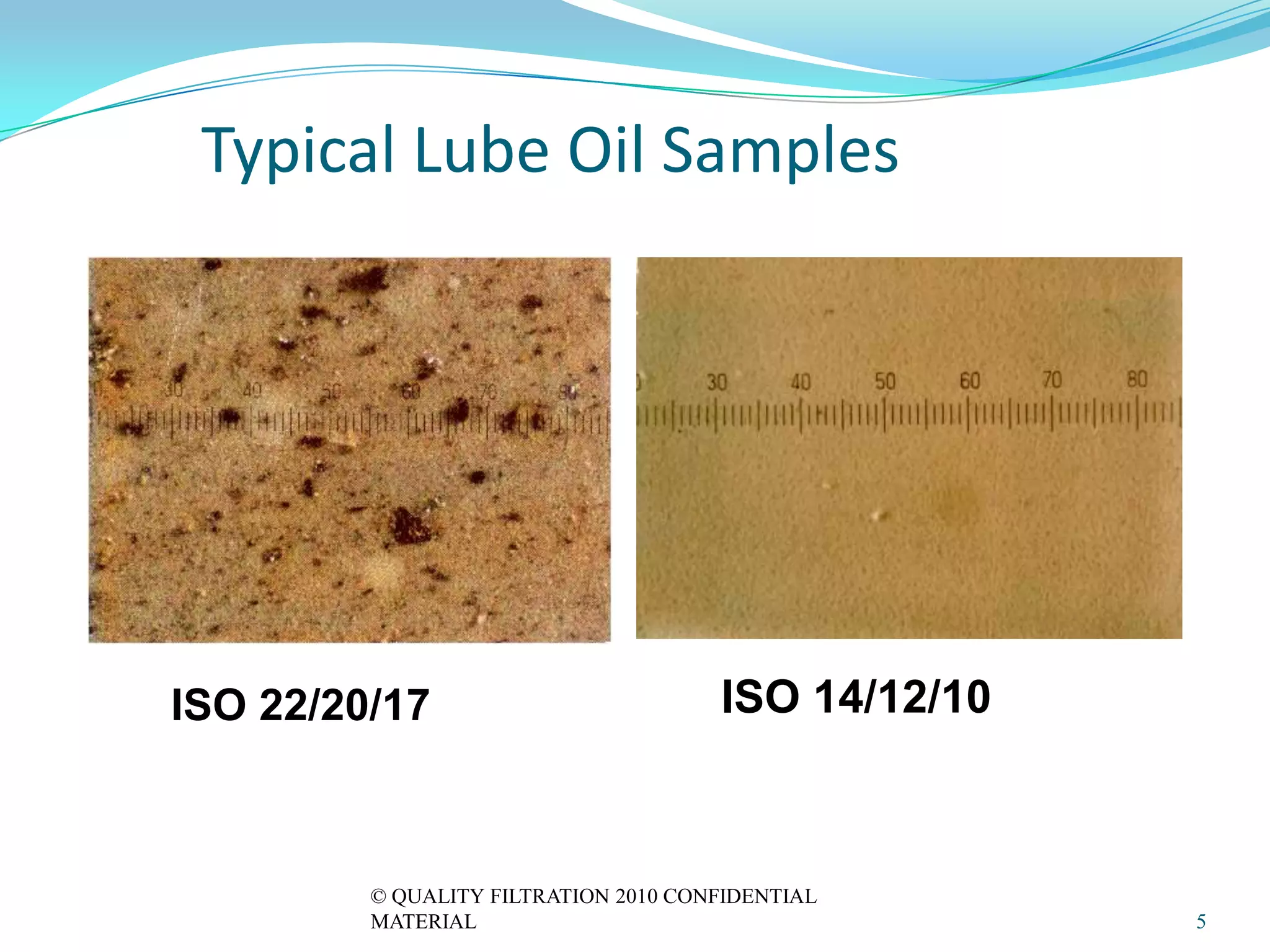 Typical Lube Oil Samples




ISO 22/20/17                          ISO 14/12/10



         © QUALITY FILTRATION 2010 CONFIDENTIAL
         MATERIAL                                    5
 