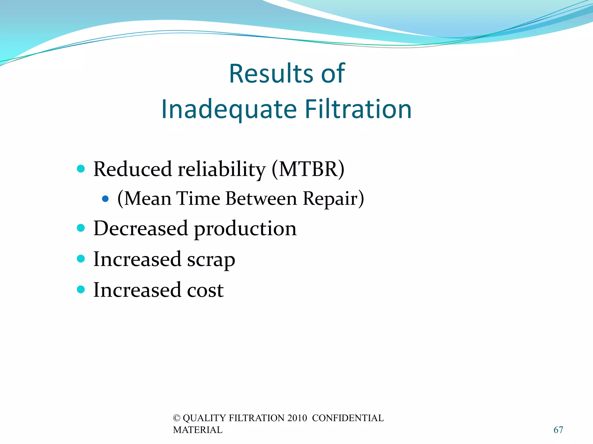 Results of
         Inadequate Filtration
 Reduced reliability (MTBR)
    (Mean Time Between Repair)
 Decreased production
 Increased scrap
 Increased cost




          © QUALITY FILTRATION 2010 CONFIDENTIAL
          MATERIAL                                 67
 