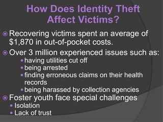  Recovering

victims spent an average of
$1,870 in out-of-pocket costs.
 Over 3 million experienced issues such as:
 having utilities cut off
 being arrested
 finding erroneous claims on their health

records
 being harassed by collection agencies
 Foster youth
 Isolation
 Lack of trust

face special challenges

 