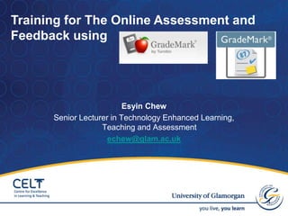 Esyin Chew
Senior Lecturer in Technology Enhanced Learning,
Teaching and Assessment
echew@glam.ac.uk
1
Training for The Online Assessment and
Feedback using
 