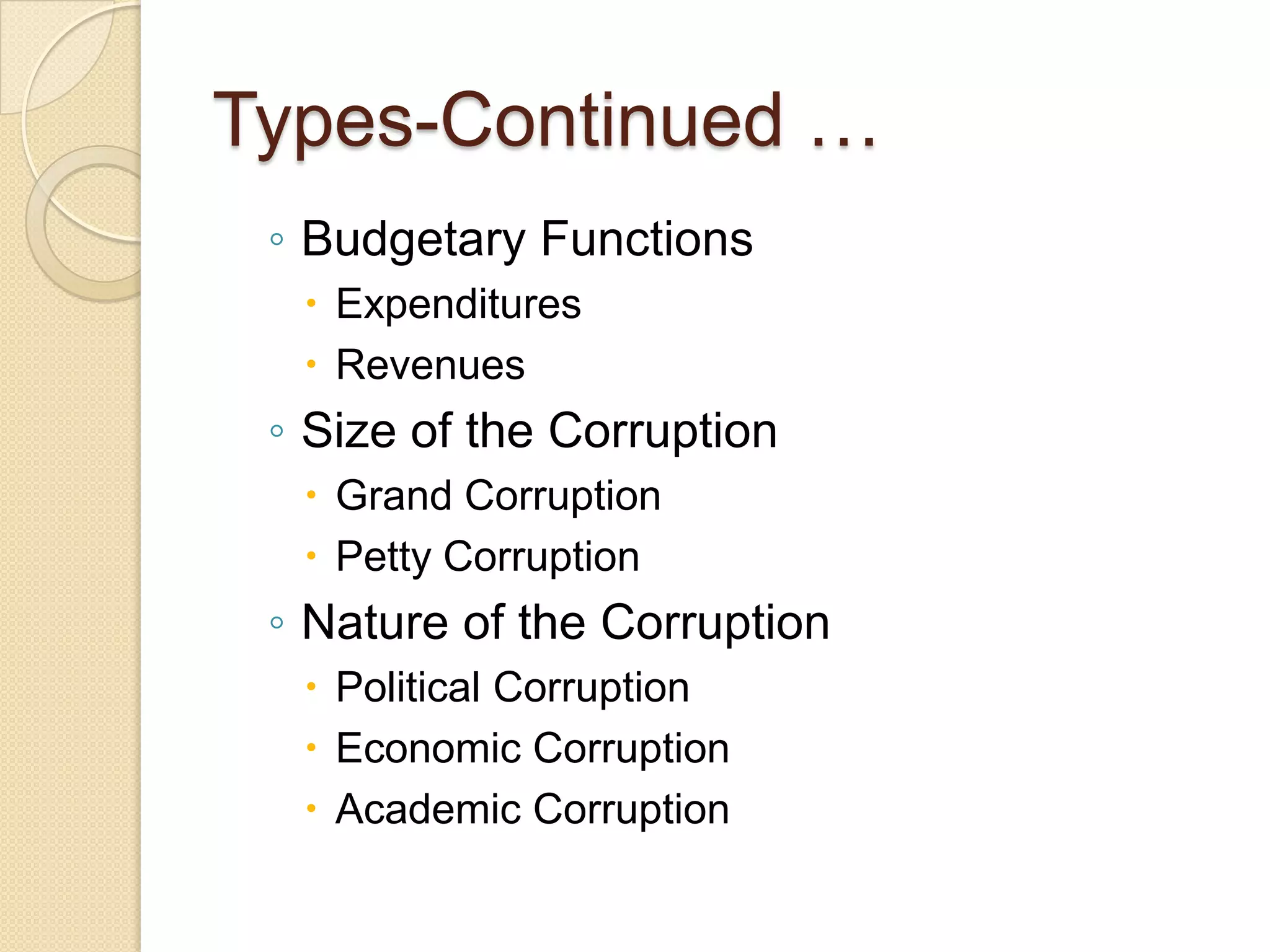 Types-Continued …
◦ Budgetary Functions
 Expenditures
 Revenues
◦ Size of the Corruption
 Grand Corruption
 Petty Corruption
◦ Nature of the Corruption
 Political Corruption
 Economic Corruption
 Academic Corruption
 