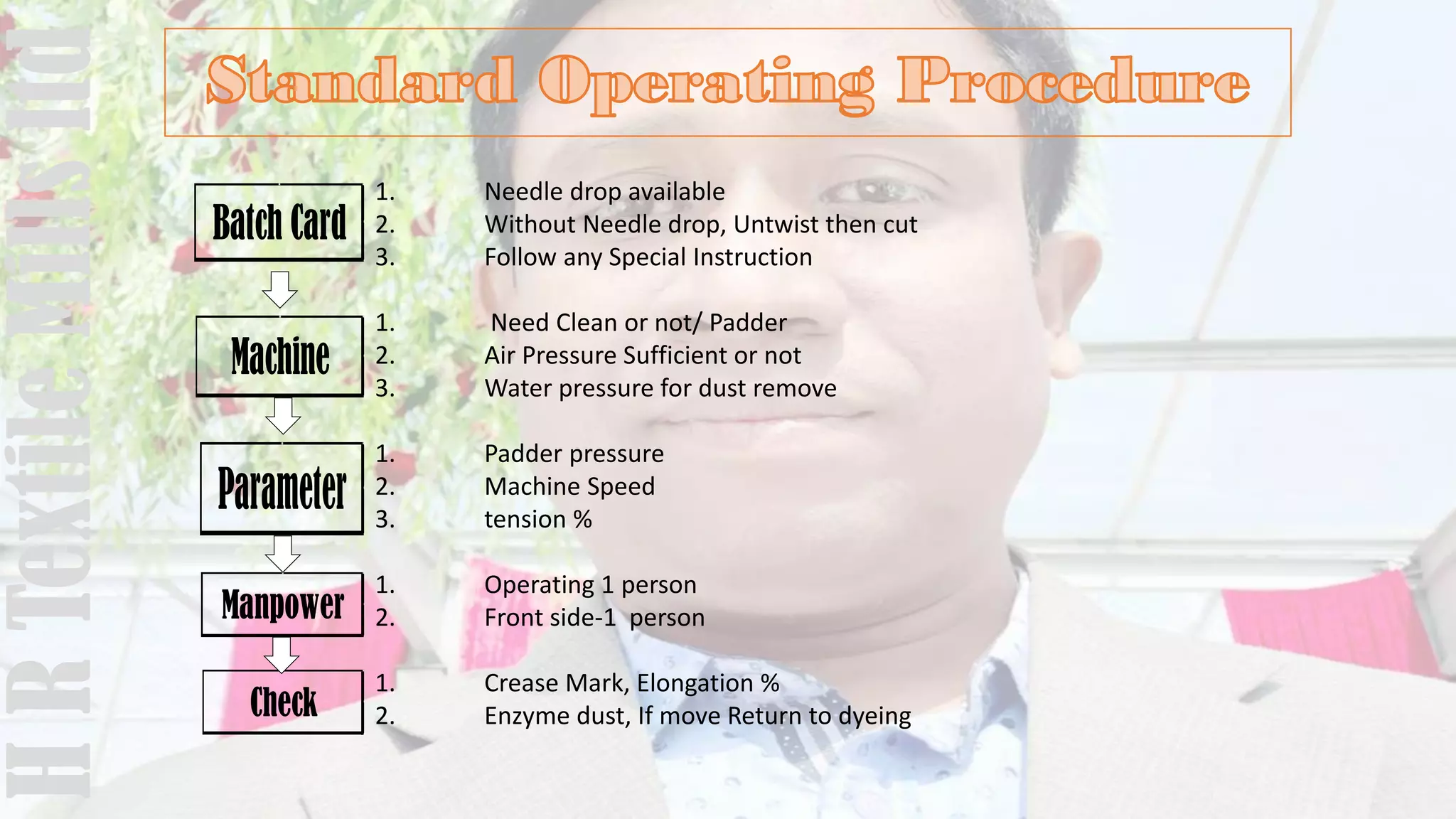 1. Needle drop available
2. Without Needle drop, Untwist then cut
3. Follow any Special Instruction
1. Need Clean or not/ Padder
2. Air Pressure Sufficient or not
3. Water pressure for dust remove
1. Padder pressure
2. Machine Speed
3. tension %
1. Operating 1 person
2. Front side-1 person
1. Crease Mark, Elongation %
2. Enzyme dust, If move Return to dyeing
Batch Card
Machine
Parameter
Manpower
Check
HRTextileMillsltd
 