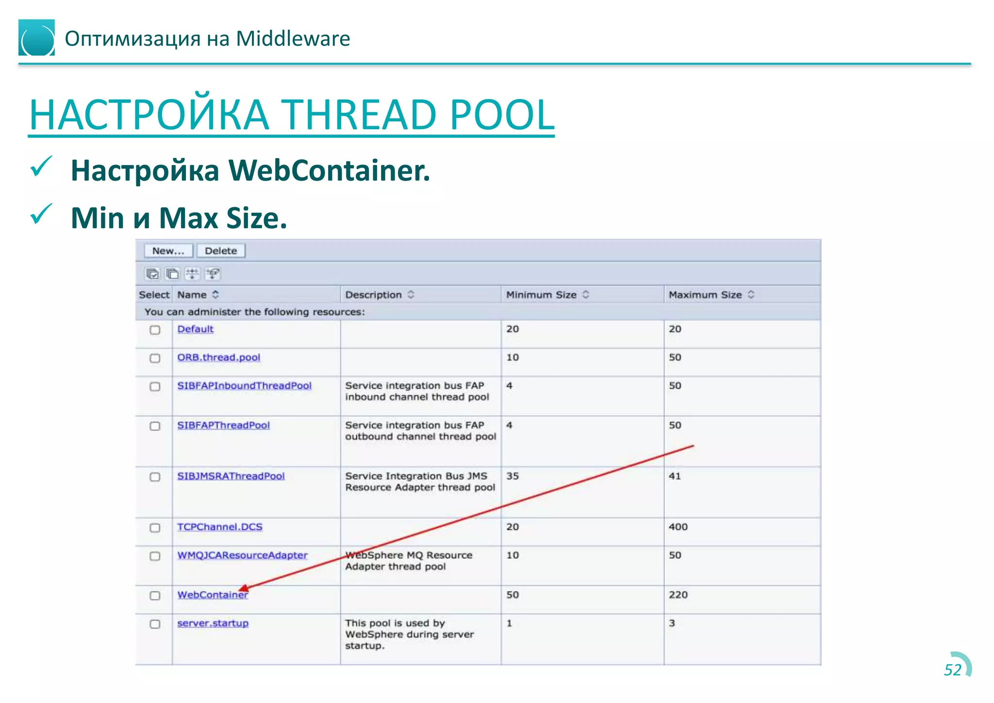 Оптимизация на Middleware
НАСТРОЙКА THREAD POOL
 Настройка WebContainer.
 Min и Max Size.
52
 