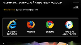 ПЛАГИНЫ С ТЕХНОЛОГИЕЙ AMD STEADY VIDEO 2.0

 Эксклюзивная функция для платформ AMD




    INTERNET              FIREFOX         CHROME     WINDOWS
    EXPLORER                                       MEDIA PLAYER




9
 