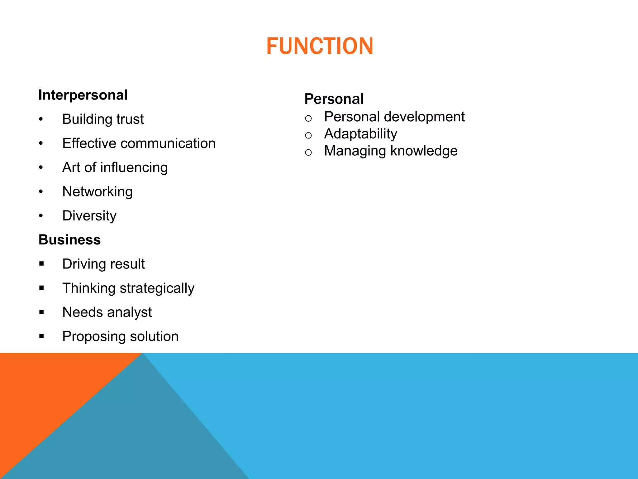 FUNCTION
Interpersonal
• Building trust
• Effective communication
• Art of influencing
• Networking
• Diversity
Business
 Driving result
 Thinking strategically
 Needs analyst
 Proposing solution
Personal
o Personal development
o Adaptability
o Managing knowledge
 
