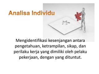 Mengidentifikasi kesenjangan antara
pengetahuan, ketrampilan, sikap, dan
perilaku kerja yang dimiliki oleh pelaku
pekerjaan, dengan yang dituntut.
 