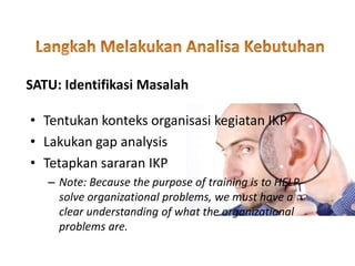 SATU: Identifikasi Masalah
• Tentukan konteks organisasi kegiatan IKP
• Lakukan gap analysis
• Tetapkan sararan IKP
– Note: Because the purpose of training is to HELP
solve organizational problems, we must have a
clear understanding of what the organizational
problems are.
 