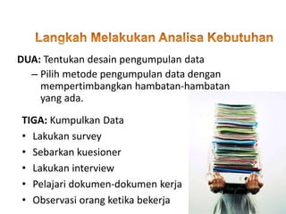 TIGA: Kumpulkan Data
• Lakukan survey
• Sebarkan kuesioner
• Lakukan interview
• Pelajari dokumen-dokumen kerja
• Observasi orang ketika bekerja
DUA: Tentukan desain pengumpulan data
– Pilih metode pengumpulan data dengan
mempertimbangkan hambatan-hambatan
yang ada.
 