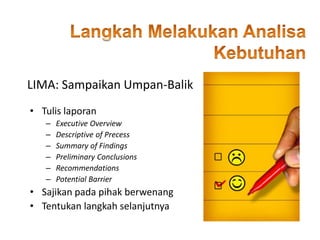 • Tulis laporan
– Executive Overview
– Descriptive of Precess
– Summary of Findings
– Preliminary Conclusions
– Recommendations
– Potential Barrier
• Sajikan pada pihak berwenang
• Tentukan langkah selanjutnya
LIMA: Sampaikan Umpan-Balik
 