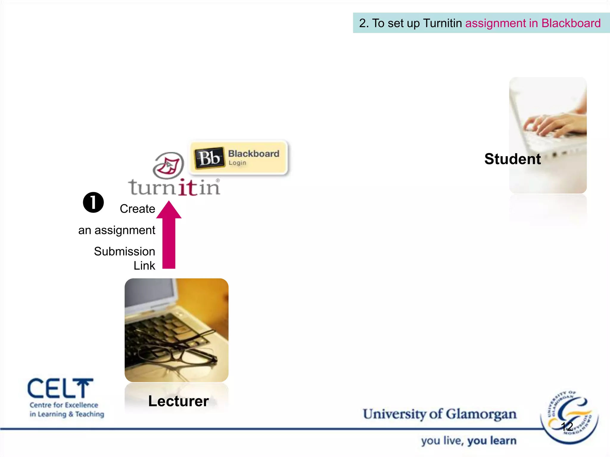 2. To set up Turnitin assignment in BlackboardStudentCreate an assignmentSubmission LinkLecturer 12